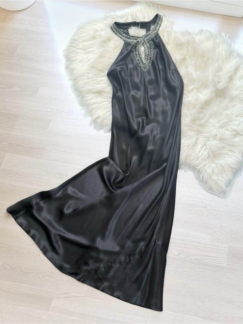 Y2K Victoria’s Secret Silk Beaded Sequins Black Vintage Maxi Gown Slip Dress L - Picture 2 of 6